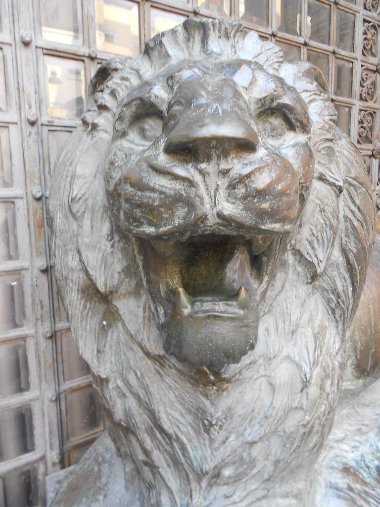particolare di uno dei due leoni ruggenti posto davanti al Monumento ai caduti