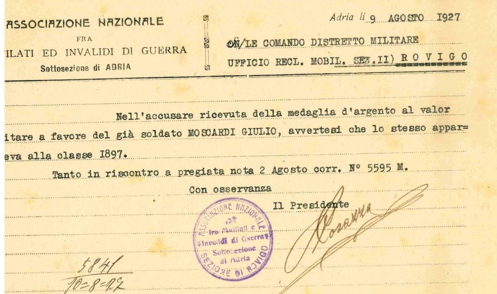 Giulio un ragazzo di Adria nella grande guerra 1927.08.09 Ricevuta Medaglia Argento Ass.invalidi