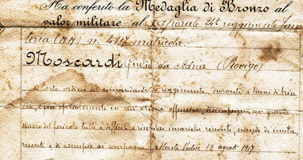 Il Documento Che Attesta La Consegna Della Medaglia Di Bronzo Al Valore.