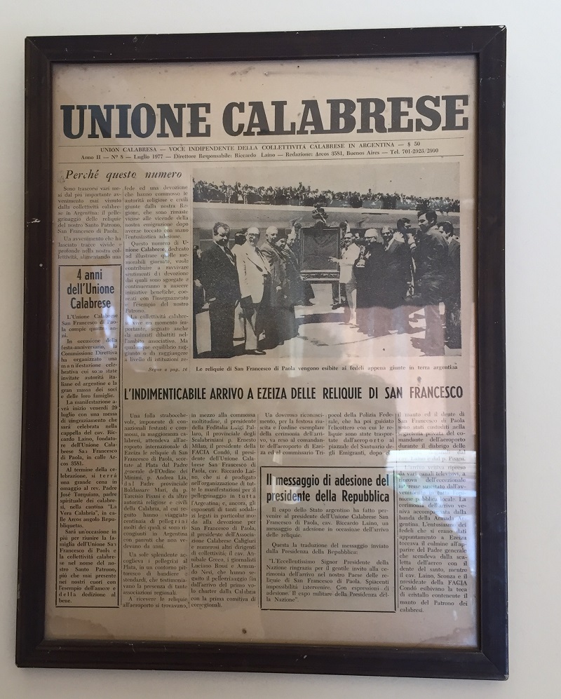 Unión Calabresa - En 1976 llegaron al país las reliquias de San Francisco de Paola
