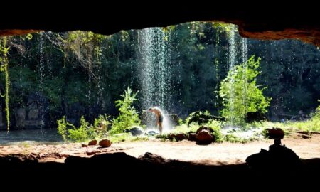 Vista De La Gruta Con Caída De Agua