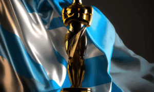 Estatuilla Dorada Envuelta En Bandera Argentina