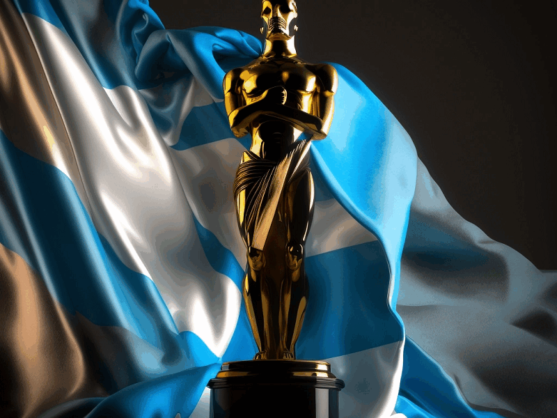 Estatuilla Dorada Envuelta En Bandera Argentina