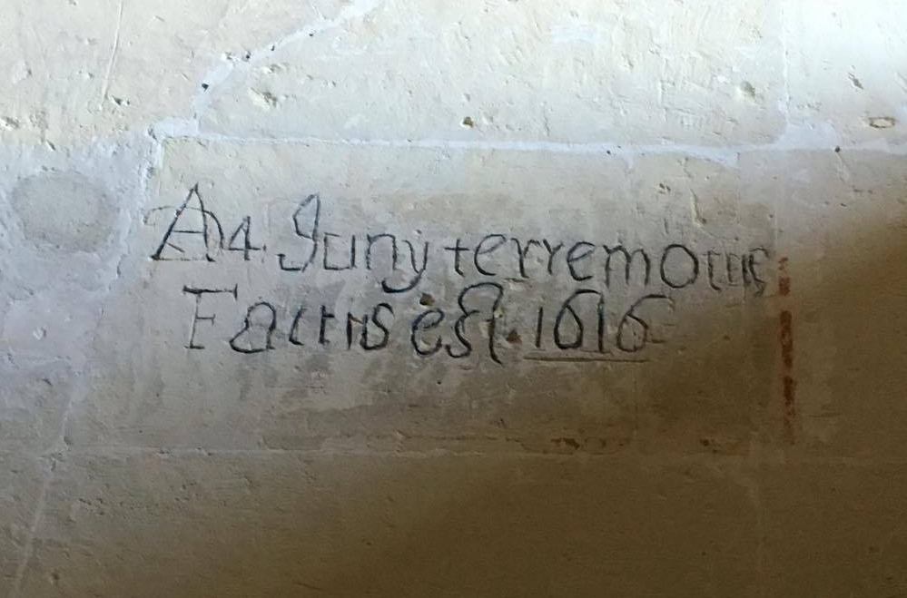 La Citta Di Cagliari e il Terremoto Del 1616. Particolare della scritta con la data del terremoto presente nella Cattedrale di Cagliari (Fonte Storiediscienza)