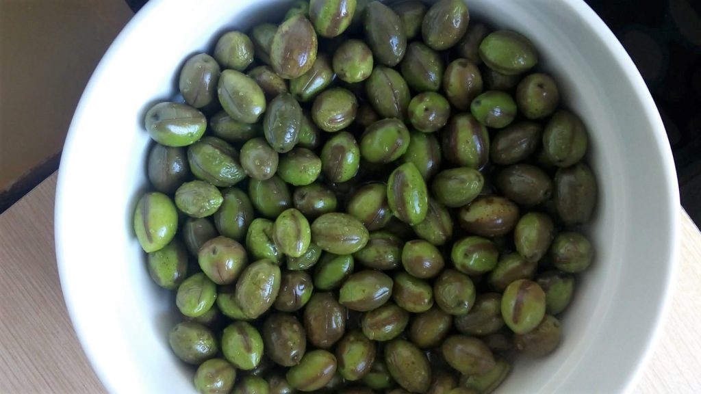 recipiente bianco che contiene olia Taccadas dopo la raccolta delle olive