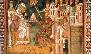 Mosaico raffigurante San Silvestro che riceve dalla mani una donazione da parte dell'imperatore costantino inginocchiato