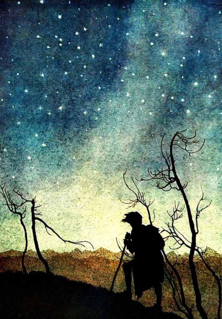 un uomo cammina sotto una notte stellata disegno matita coloratoCompare Fiasco