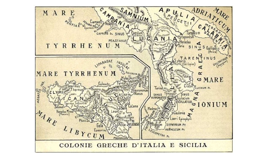Mappa delle colonie greche nel meridione e in Sicilia. Fonte foto: Cronologia.it - Leonardo.it