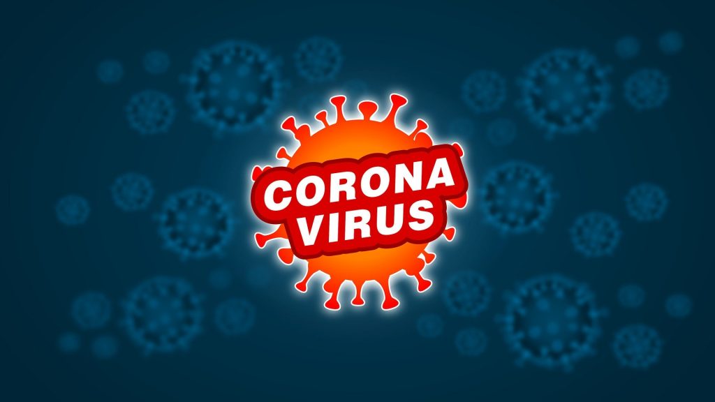 CoronaVirus scritta bianca su particella arancione e sfondo blu