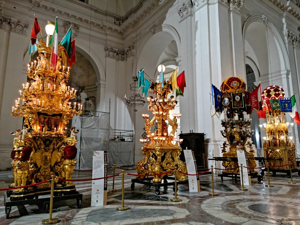 Alcuni dei ceri tradizionali della festa di S. Agata custodite all'interno del Museo delle Candelore
