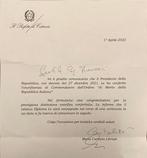 Tuccio Musumeci Commendatore. Lettera Del Prefetto