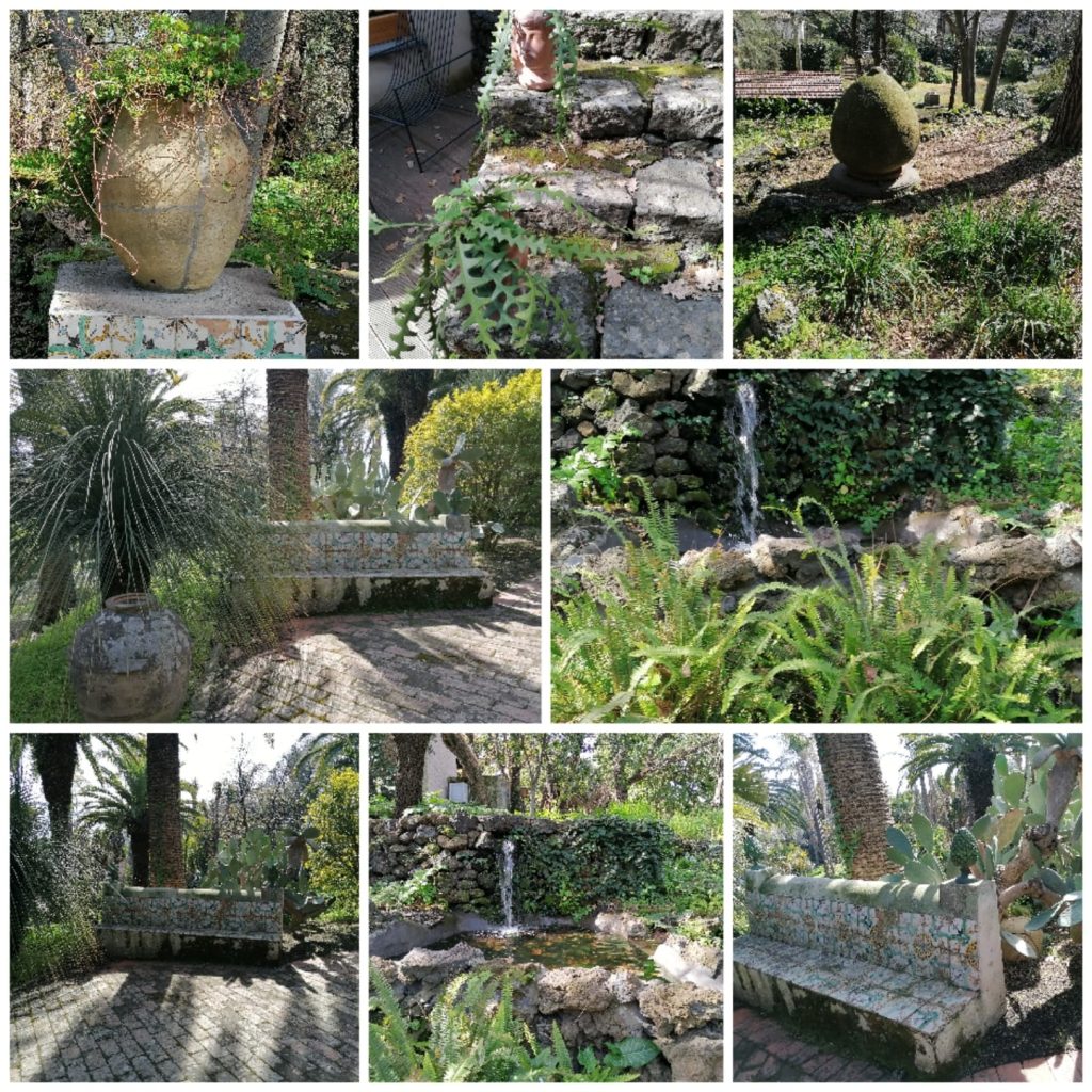 Acqua, giare, vasi, pigne impreziosiscono il giardino botanico sulla lava, caratteristica del Parco Paternò del Toscano