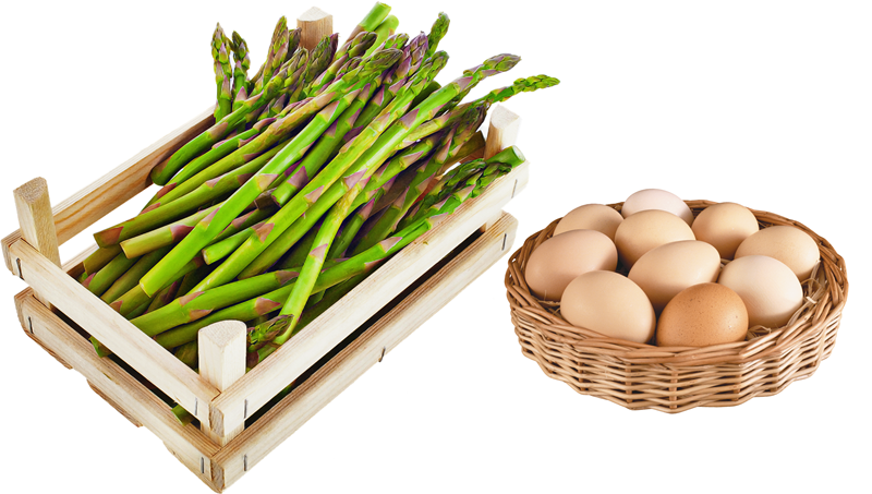 Asparagi con le uova - Cassetta di verdure fresche e cestino