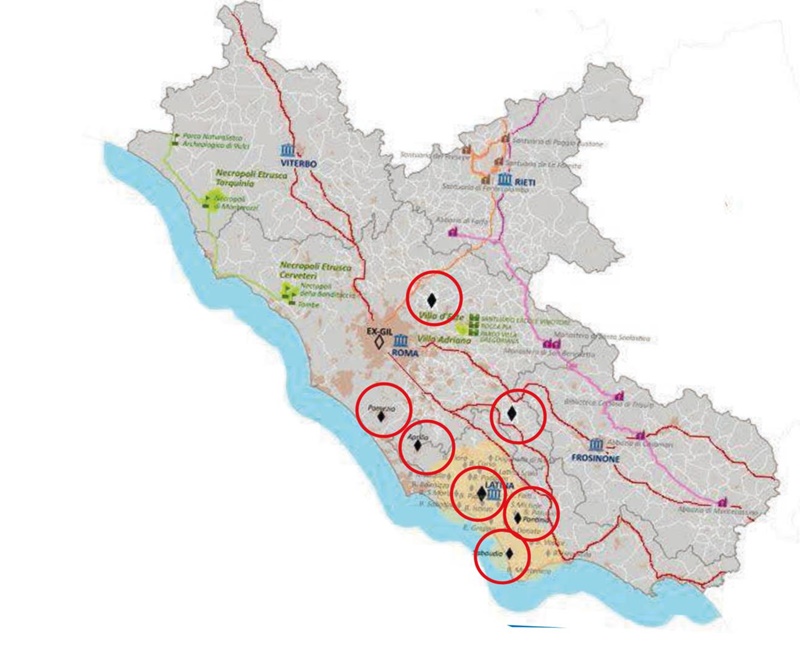 Sistema integrato delle Città di Fondazione - cartina del Lazio