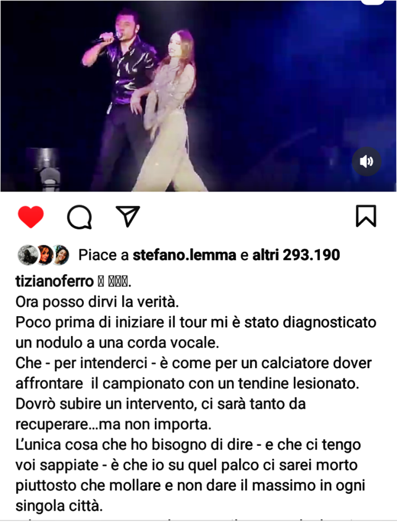 Tiziano Ferro ha un nodulo - messaggio su instagram
