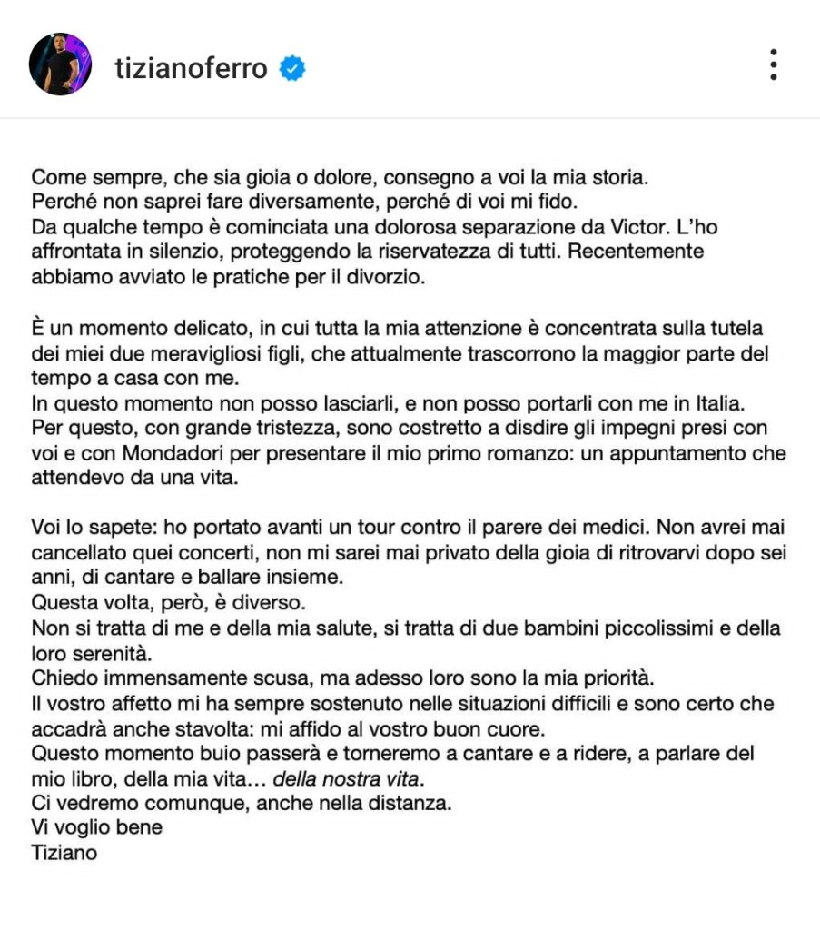 Tiziano Ferro divorzia, lo ha annunciato su Instagram - itLatina