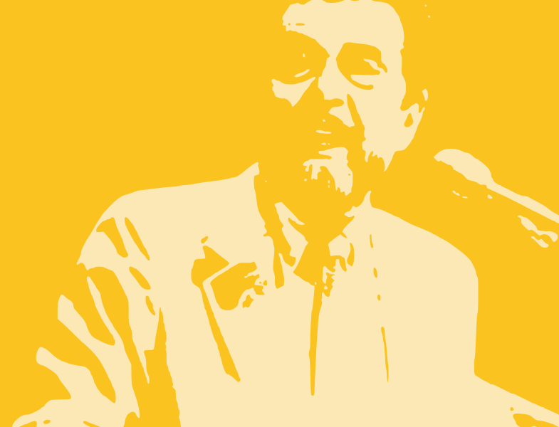 Leo Buscaglia. Immagine a modi poster di colore arancione delm volto di Leo Buscaglia