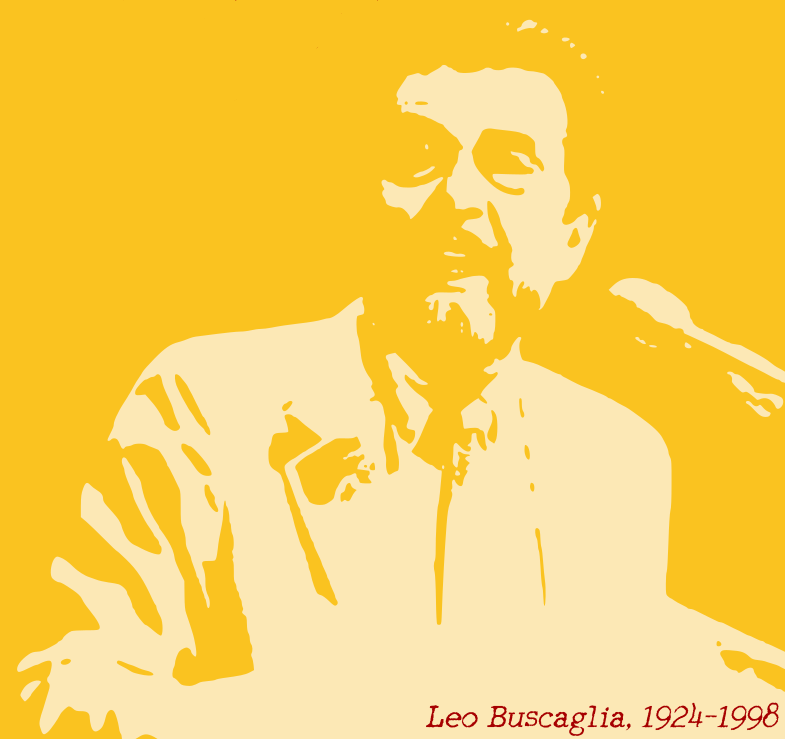 Leo Buscaglia. Immagine a modi poster di colore arancione delm volto di Leo Buscaglia