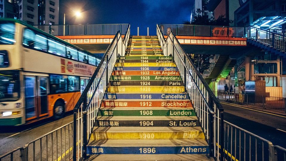 Los Angeles 1984 - scalinata con le date e le città dove si sono svolti i Giochi Olimpici
