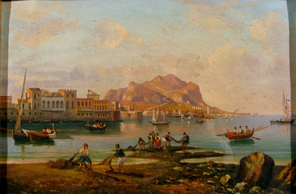 Scuola Siciliana Secolo Xix Veduta Del Golfo Di Palermo Con Pescatori Dipinto Ad Olio Su Carta