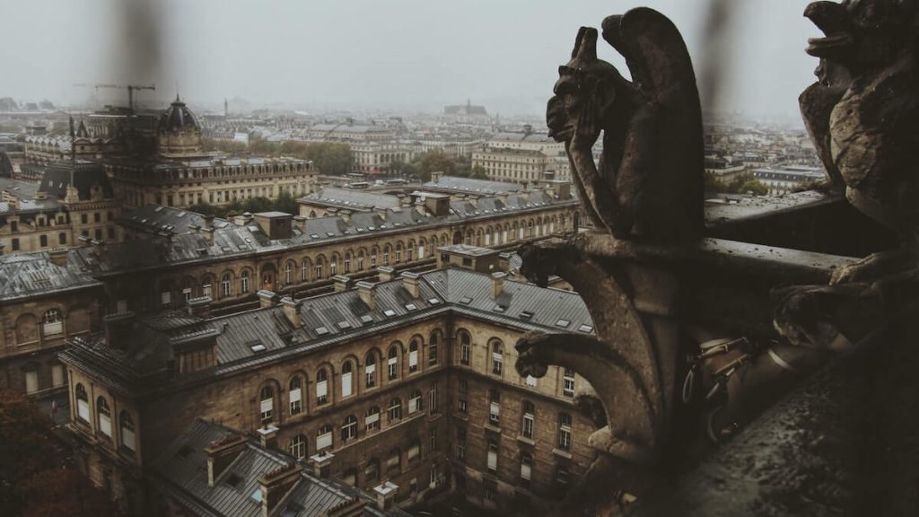 Curiosità sulla cattedrale di Notre Dame - gargoyle con sfondo della città