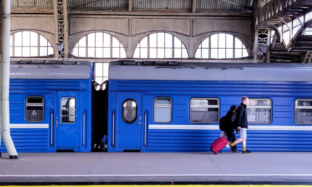 Train Bleu - viaggiatore con trolley rosso accanto ad un treno blu