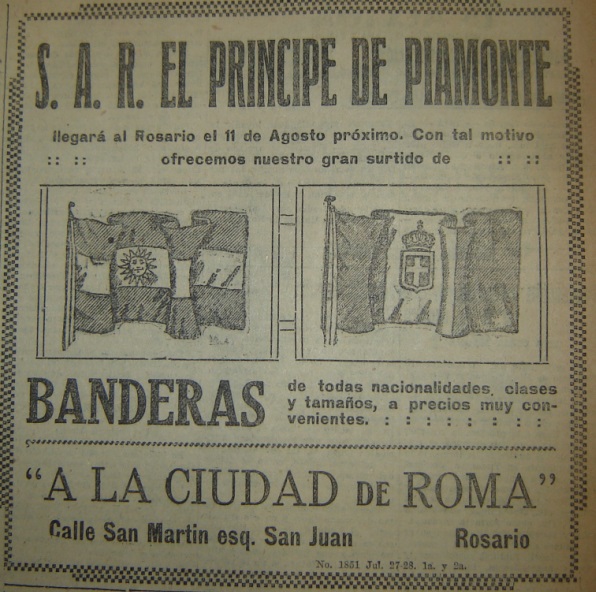 El último rey de Italia estuvo en Rosario - Publicidad Tienda A La Ciudad De Roma La Acción 1924